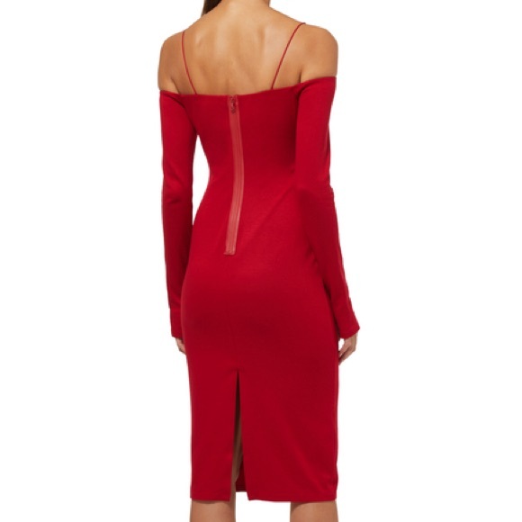 NWT Alice and Olivia Red Dorinda Off The Shoulder Deep Ruby Bodycon Midi Dress - Picture 4 of 10